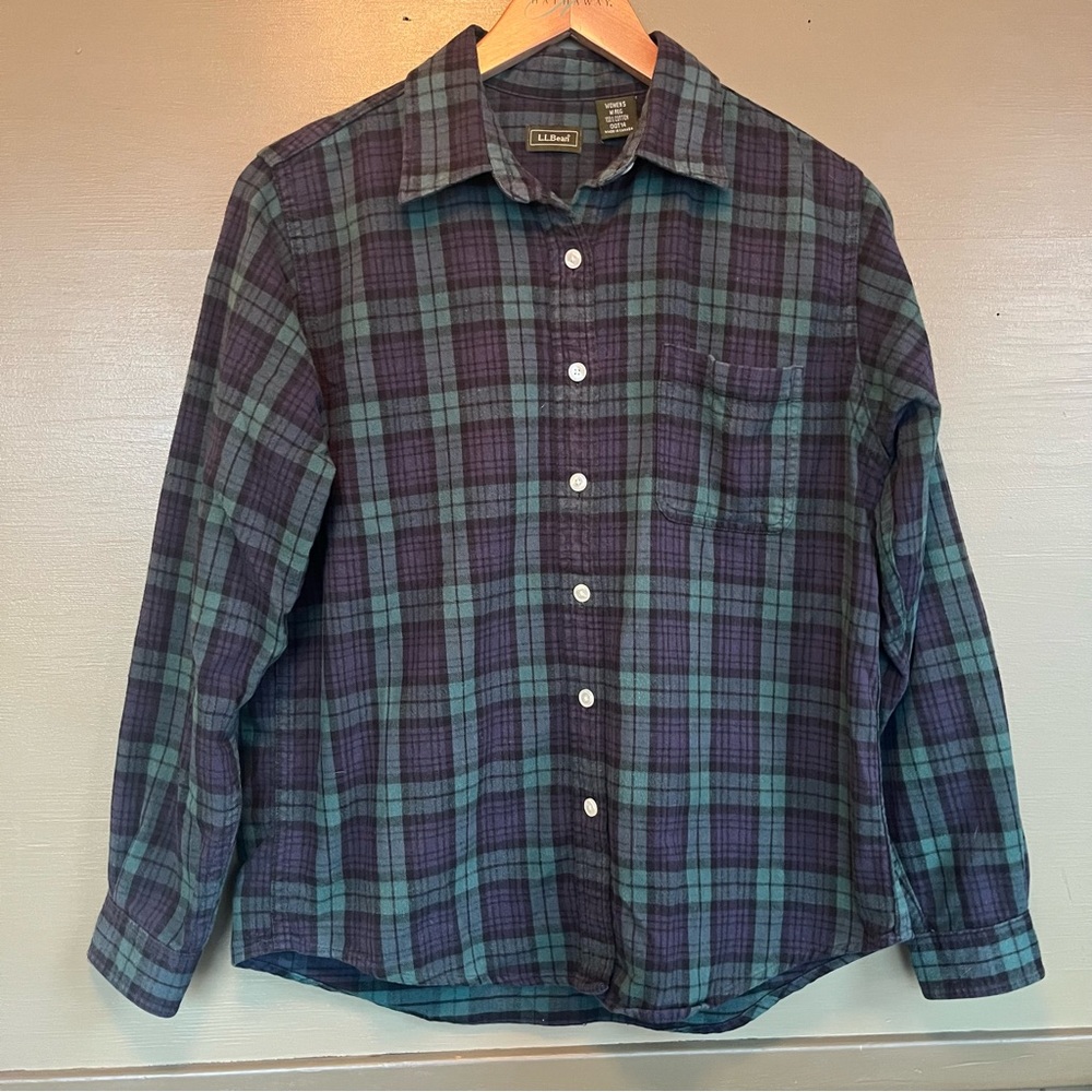 L.L. Bean Blue Green Plaid Cotton Flannel Button Down Medium